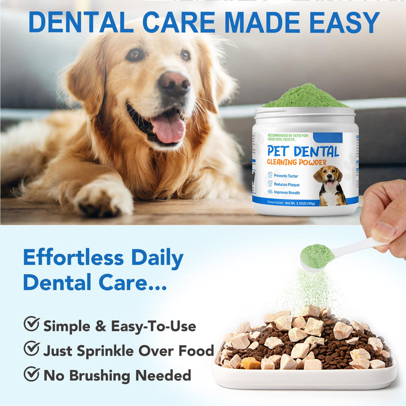 Dog Dental Powder for Teeth Cleaning - Targets Tartar & Reduces Plaque & Bad Breath, with Probiotics & Green Tea, Dental Freshener for Dog's Oral Health