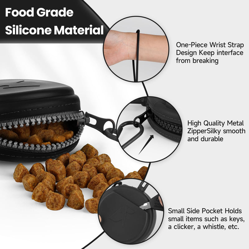 Small Silicone Dog Treat Pouch with Pet Training Clicker, Durable Metal Zipper, Integrated Strap, Mini Portable Size, Easy to Clean, Odorless, Travel Walking Bag for Leash (Black) Black 1PCS - BeesActive Australia