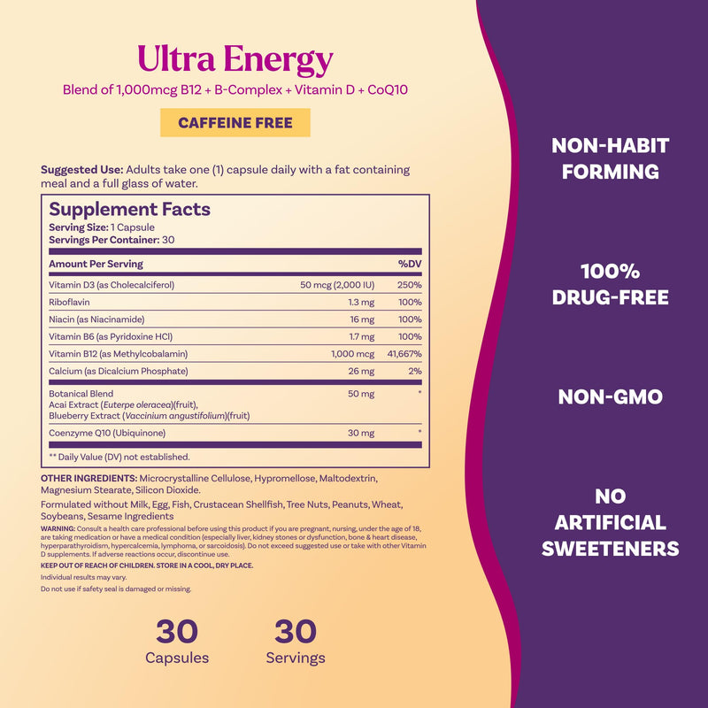 Natrol Ultra Energy 4-in-1, B12, B Complex, Vitamin D, CoQ10, 30 Capsules | Supports Cellular Energy Production, Powers Metabolism, Vitamin B Complex, Vegetarian, Caffeine-Free