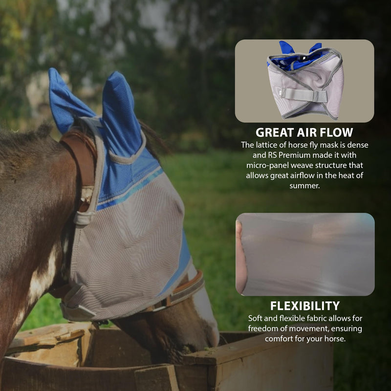 RS Premium Horse Fly Mask with Ears | Smoothly protect Face and Ears from UV & from Insects | Made with durable elasticable lattice | Sweat Absorber | Comfortable & Relaxable | size: Medium & Large Blue - BeesActive Australia