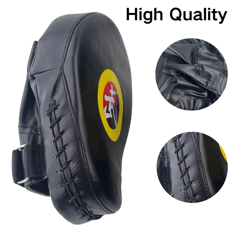 TLBTEK Taekwondo Kick Shield - Muay Thai MMA Karate Kickboxing Training Pads - Curved Leather Strike Shield Black 2 punching mitts+1 kick pad