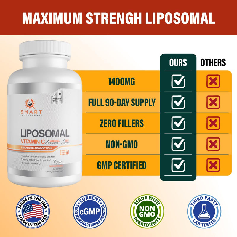 Smart Nutra Labs - Liposomal Vitamin C 1400mg Supplement - 180 Capsules | High Absorption Vit C Liposomal, Powerful Anti-Oxidant, Immune Support - Third Party Tested - Made in USA - 3 Months Supply