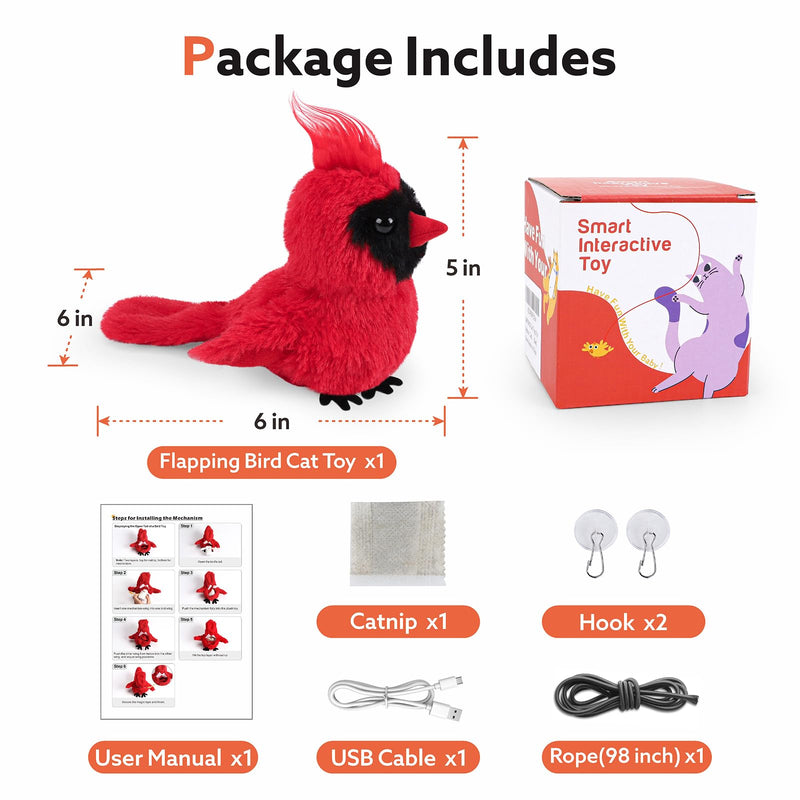 Flapping Cardinal Cat Toys, Interactive Cat Exercise Toy with Lifelike Bird Chirp, USB Rechargeable Automatic Cat Kicker Catnip Toys for Bored Indoor Adult Cats Kittens - BeesActive Australia