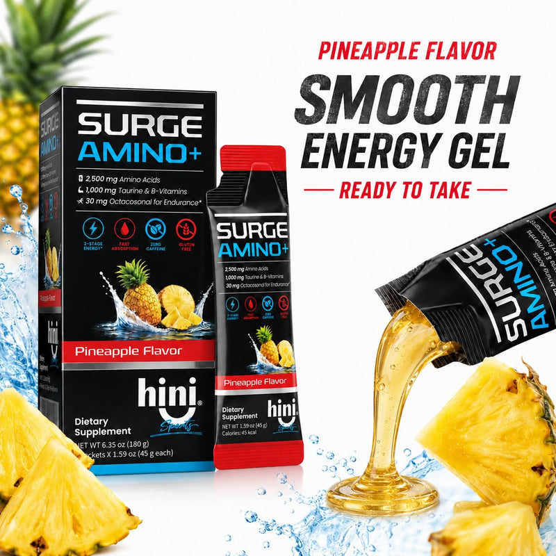 HINI Surge Amino+ Energy Gel, Pineapple Flavor, 4 Packets | 2,500 mg amino acid blend, 1,000 mg taurine, B vitamins and 30 mg octacosanol per packet.