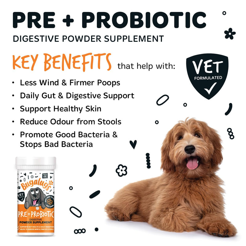 Bugalugs Probiotics For Dogs - Powder, Simple To Add To Food - Complete Daily Digestive Support With Probiotics & Prebiotics For Happy Healthy Dogs (80g) 80g