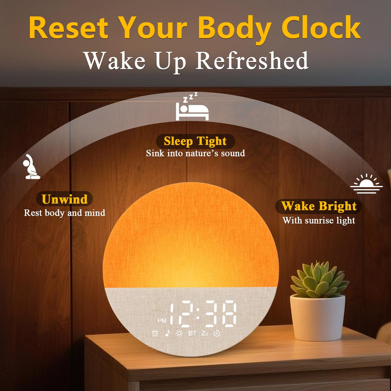 Sunrise Alarm Clock for Morning Wake-up: Gentle Gradual Wake Up Light for Heavy Sleepers Relieve Stress - Linen-Wrapped for Bedroom - 30 Sleep Sounds White Noise Machine with Memory & Bluetooth 6.5*4.6*6.2 Inch - BeesActive Australia