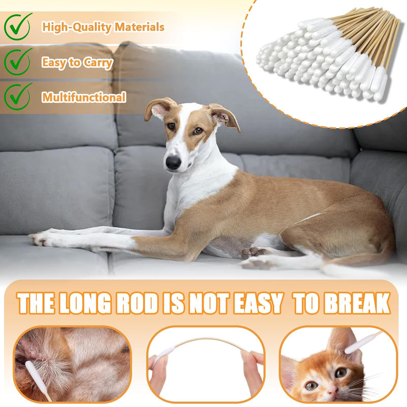 Pet Ear Cleaner Cotton Buds,200PCS 12/15cm Dogs Ear Cleaning Cottons Swab Sticks Cats Ears Canal Long Cane Stick Cotton Buds for Cleaning Animals Ears Wax Infection Removal