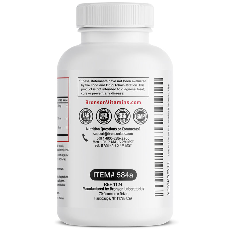 Bronson Resveratrol Complex 500 mg with Grape Seed & Red Wine, 60 Capsules | trans-Resveratrol from Japanese Knotweed, Healthy Aging & Cellular Support, Non-GMO, Gluten-Free & Soy-Free 60 Count (Pack of 1)