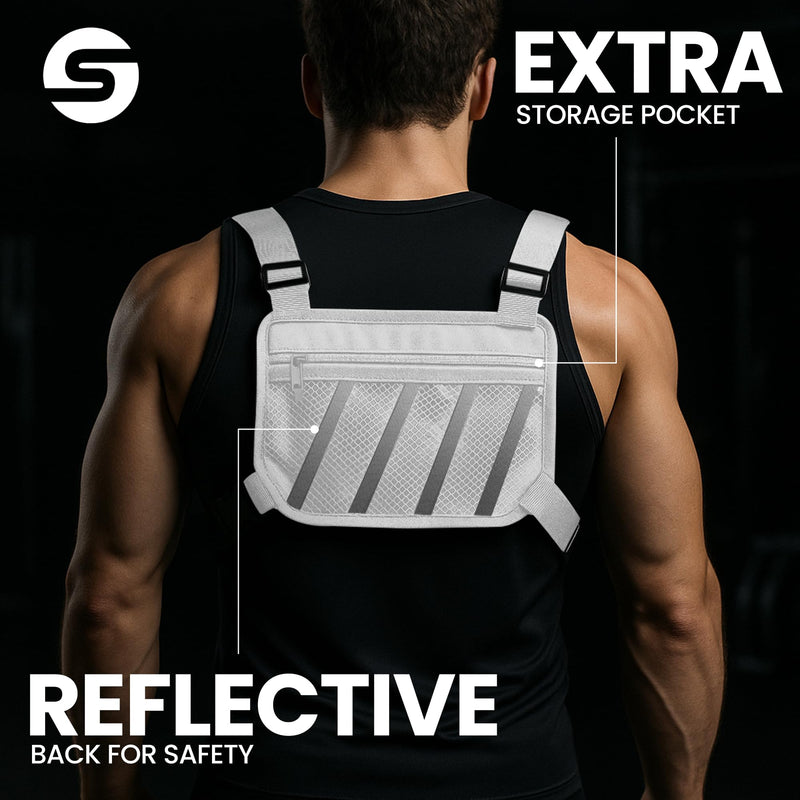 Running Chest Pack for Men Women with Collapsible Water Bottle, Water-Resistant Adjustable Chest Pack with Reflective Back for Cycling, Hiking, Workouts, with Phone Holder and Extra Storage White
