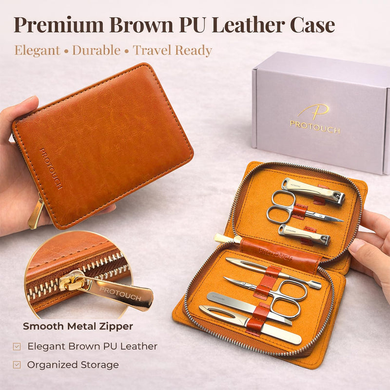 PROTOUCH Professional Nail Kit, Manicure Set for Women & Men, 420 Stainless Steel Nail Clipper Set with Precision Double-Sharpened Blades, Ergonomic Manicure Pedicure Kit with Brown PU Travel Case