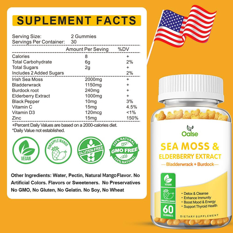 Sea Moss Gummies for Adults and Kids, 2-Pack, Mango Pineapple | 2000mg Raw Seamoss, Bladderwrack, Burdock Root, Elderberry, Pepper, Vitamin C & D3, Zinc Supports Immune 60 Count (Pack of 2)