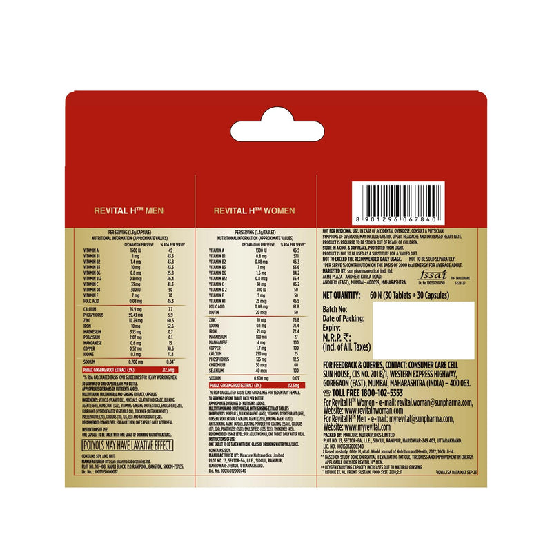 Revital H Wellness Duo Pack | Multivitamins, Calcium, Zinc & Natural Ginseng Capsule for Daily Immunity Strong Bones, and Enhances Energy Level (Men 30s & Women 30s), 156 Grams,1.4 Grams