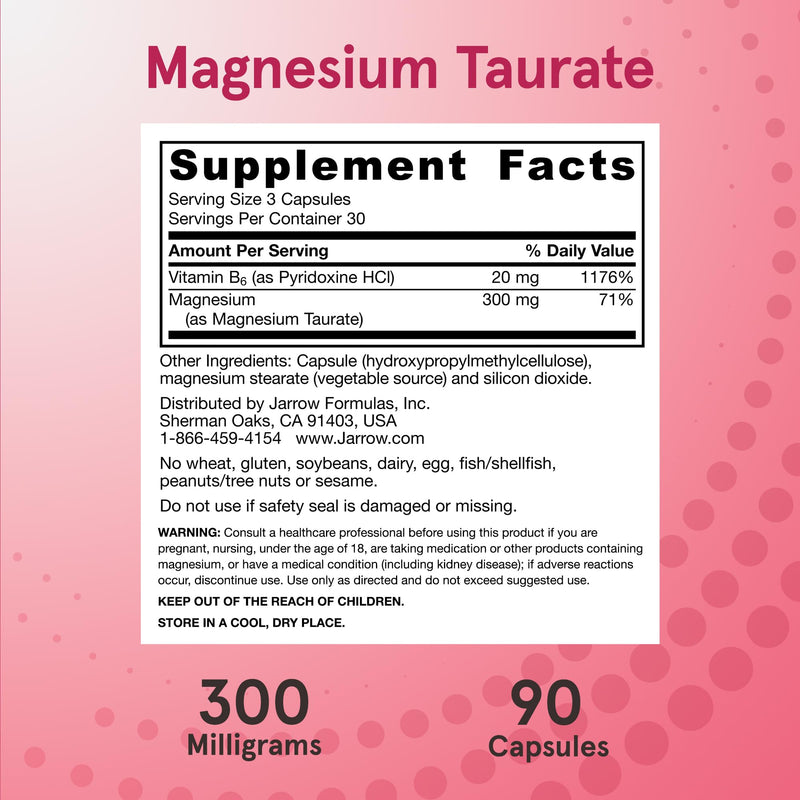 Jarrow Formulas Magnesium Taurate, Dietary Supplement, Supports Cardio and Bone Health, 300 mg per Servings, 90 Veggie Capsules, Up to a 30 Day Supply - BeesActive Australia