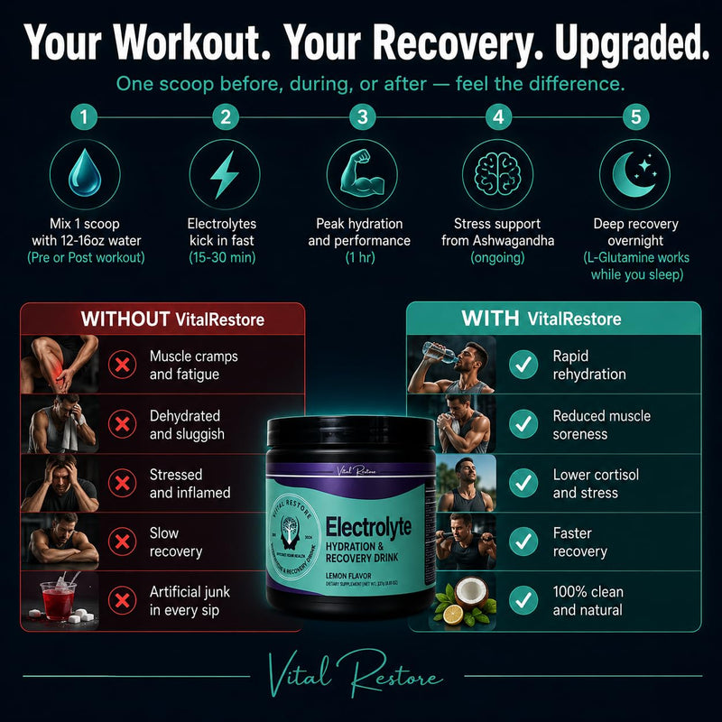 VitalRestore Natural Electrolyte Recovery Powder — with Ashwagandha & L-Glutamine | Sugar Free, No Artificial Sweeteners | Fast Hydration & Muscle Recovery | Lemon Flavor | 28 Servings