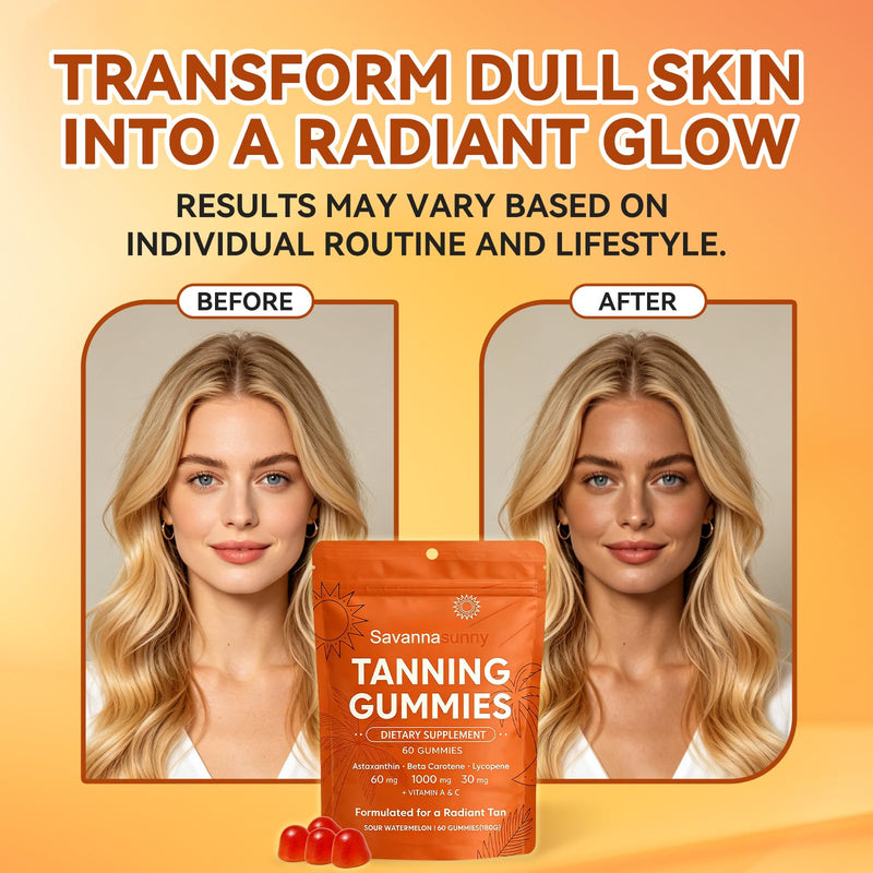 Tanning Gummies for Women Beta-Carotene Astaxanthin Vitamin C&E Vegan 60 Ct