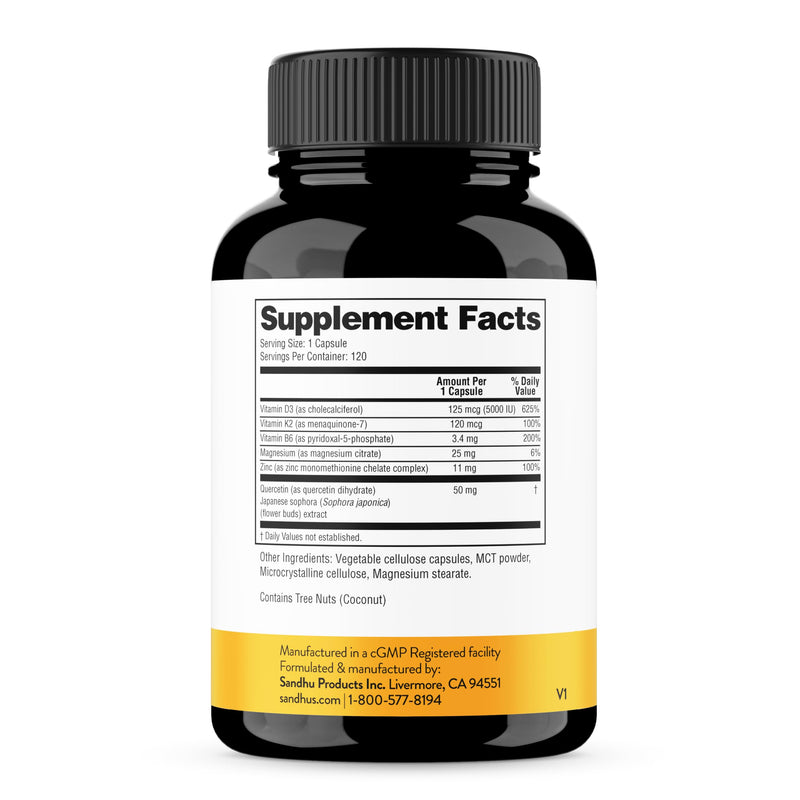 Vitamin D3 K2 5000 IU 120mcg Magnesium Zinc B6 Quercetin Capsules 240 Count | 6-in-1 D3+K2 Supplements Supports Bone, Immune, Energy And Muscle Health, Gluten-Free, 8-Month Supply, USA Made by Sandhu's 120 Count (Pack of 2) 5000 IU Capsules
