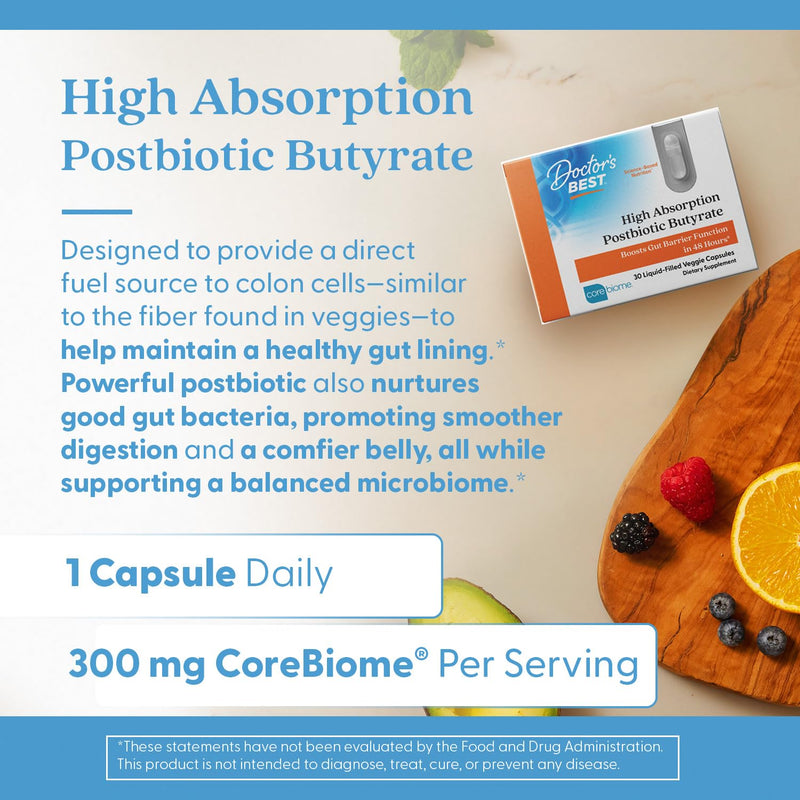 Doctor's Best High Absorption Postbiotic Butyrate Gut Health Supplement - Tributyrin 90% (as CoreBiome) 300 mg, Digestive Health Support for Men & Women, Vegan, Gluten Free - 30 Liquid Veggie Caps