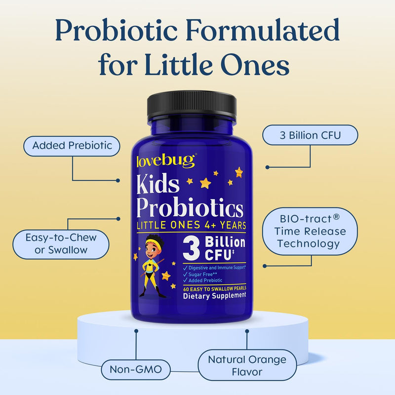 LOVEBUG Probiotics for Kids - Kids Probiotic Chewables with Prebiotics for Aged 4+, Daily Children’s Gut Health, Constipation, Digestive & Immune Support Supplement, Sugar-Free, 60 Soft Pearls 60 Count (Pack of 1)