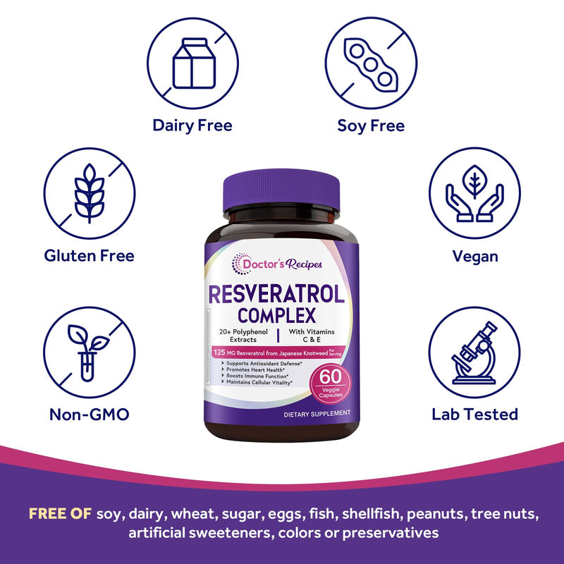 Doctor's Recipes 26-In-1 Resveratrol Complex 1179mg, Trans-resveratrol from Japanese Knotweed, 20+ Polyphenol Extracts, Vitamins C & E, Antioxidant Support, Heart Health & Immune Function, 60 Capsules