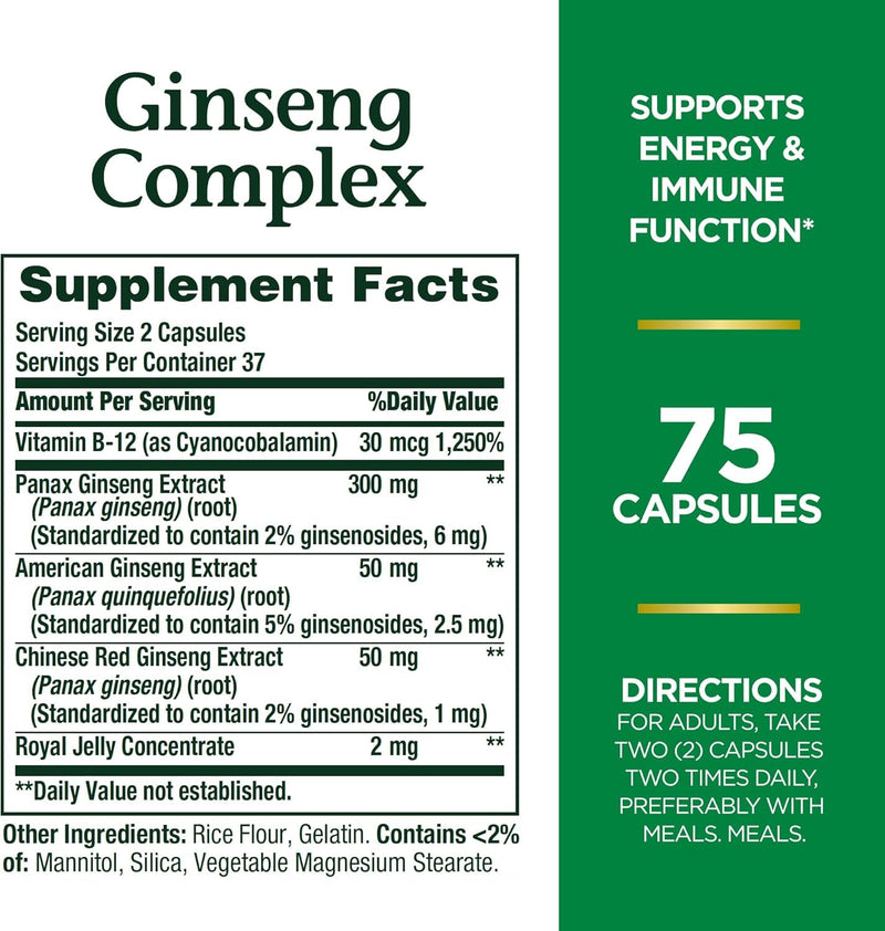 Nature's Bounty Ginseng Complex Herbal Health Capsules 75 ea (Pack of 3) Unflavoured 75 Count (Pack of 3)