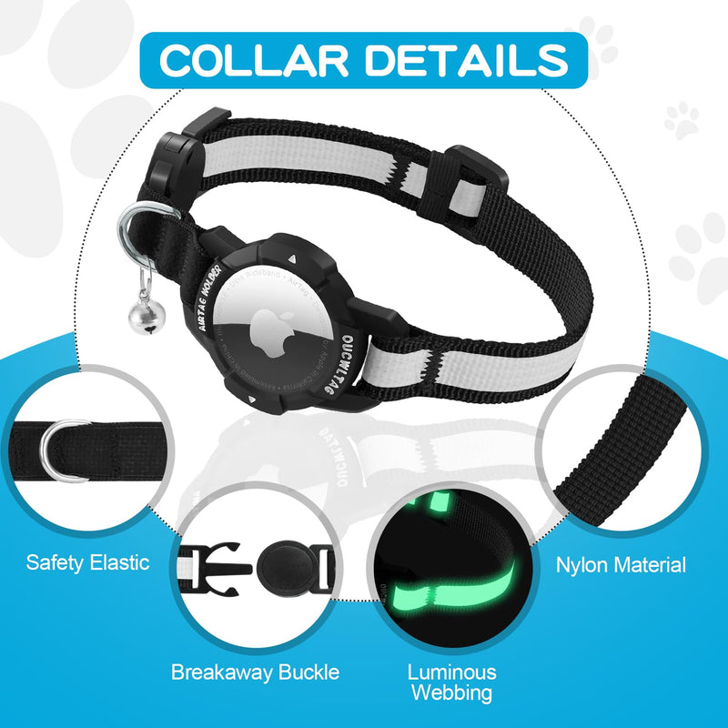 Luminous Airtag Cat Collar, Kitten Collar with Apple Airtag Case, Adjustable Airtag Collar Cat with Safety Clasp & Elastic (Black, (Cats and Puppies 23-33cm)) Black (Cats and Puppies 23-33cm) - BeesActive Australia