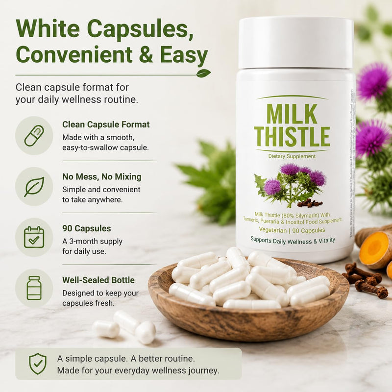 Milk Thistle Liver Detox, Vegan Support, 90 Capsules | 8 In 1 Blend Liver Support Supplement with 80% Silymarin, Inositol, Turmeric & Vitamin C, Daily Wellness Formula.1pc 1pc