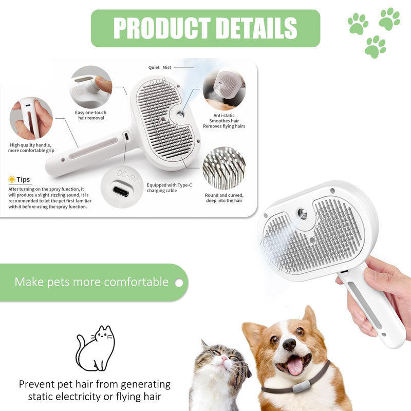 3-in-1 cat brush with steam, steam brush for cats with water tank, dog brush self-cleaning, clean pet hair brushes with one button, for short-haired and long-haired dogs and cats - BeesActive Australia