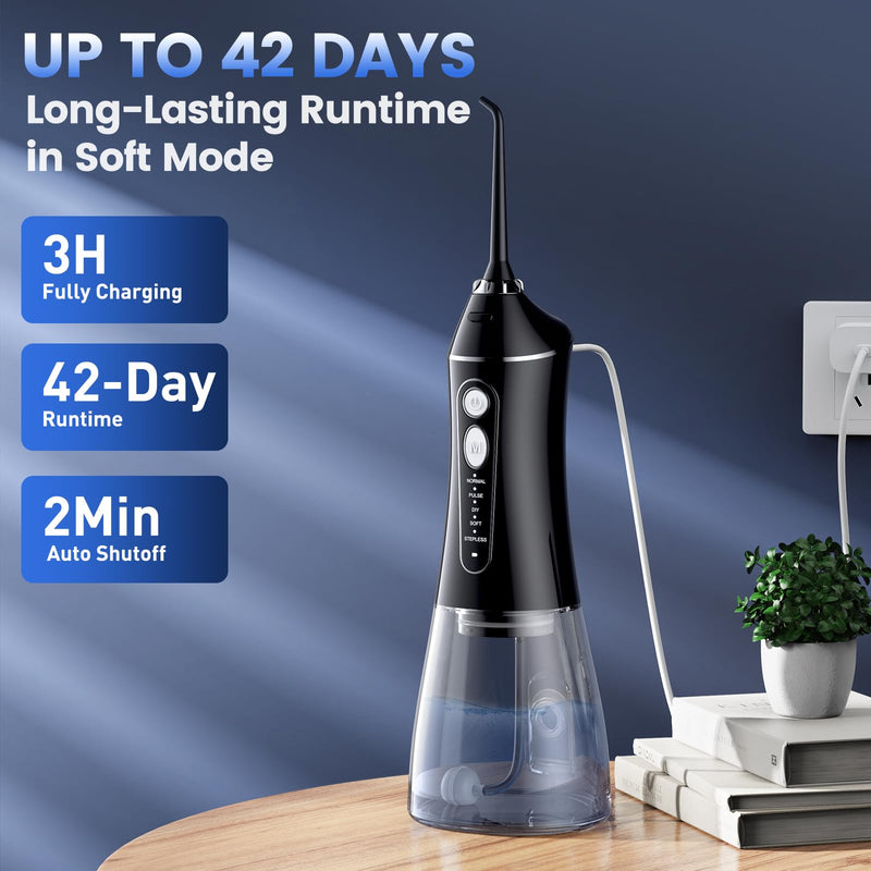 Water Flosser for Teeth Cleaning and Flossing, 5 Modes Rechargeable Cordless Oral Irrigator 320ml Water Tank Teeth Cleaner, IPX7 Waterproof Portable Electric Dentel Flossers for Home and Travel,Black Black