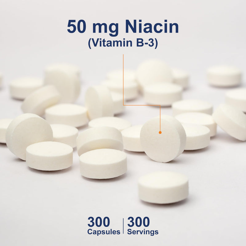 Carlson Niacin, 50 mg, Cholesterol Metabolism, Nerve Function, 300 Tablets | Energy Production Unflavored 300 Count (Pack of 1)