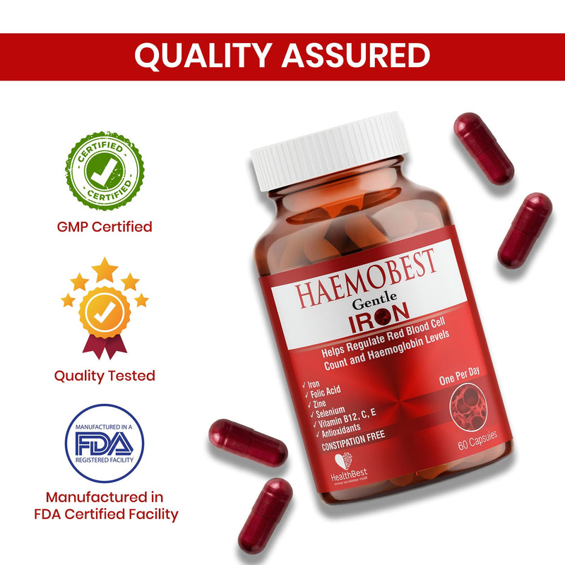 HealthBest High Potency Iron Capsules 19mg, Gentle, 60 Count | Faster Absorption, Non Constipating, Vitamin C, B12, Folate, Zinc & Selenium, Anemia, Hemoglobin & Immune Support, 60 Count Iron Capsule Haemobest