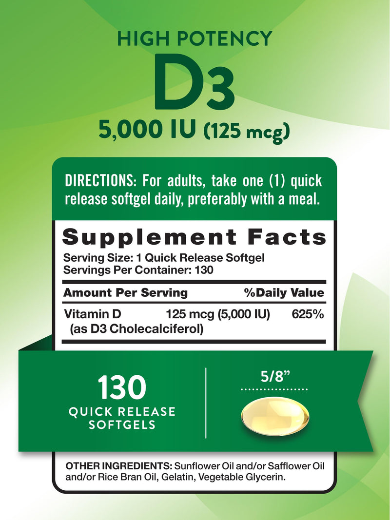 Nature's Truth Vitamin D3 5000 IU Softgels 130 Count | High Potency Vitamin D | Non-GMO, Gluten Free 130 Count (Pack of 1)