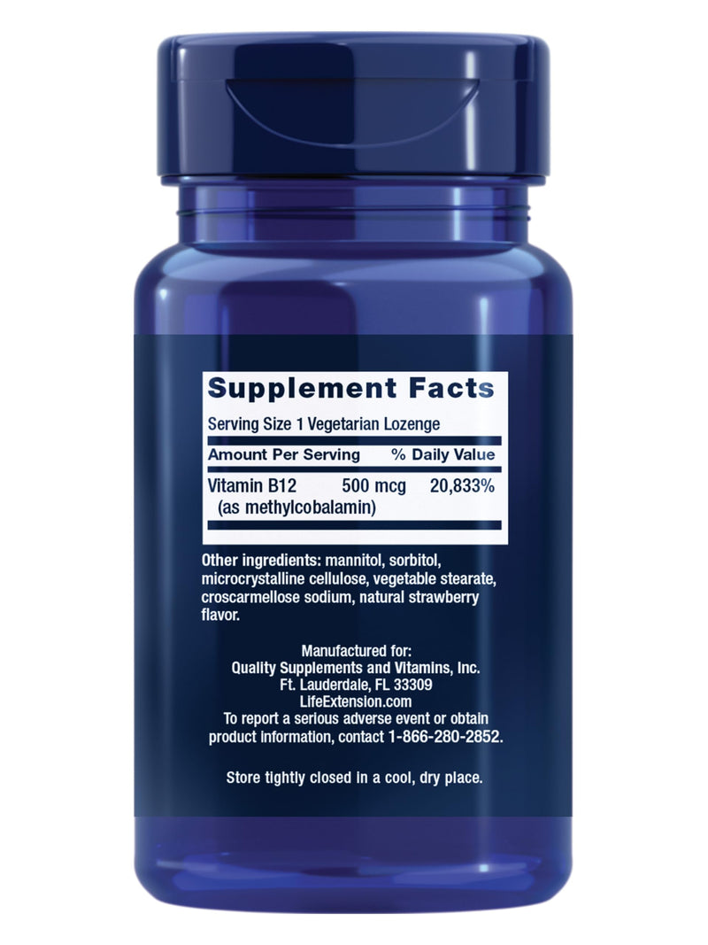 Life Extension Vitamin B12 Methylcobalamin 500mcg - Vitamin B12 Supplement for General Energy and Brain Health - Sugar Free Vegetarian Lozenges Dissolve in Your Mouth - Once Daily - 100 Count | Quick-Dissolving Methylcobalamin B12 for Nerve Health, Cog...