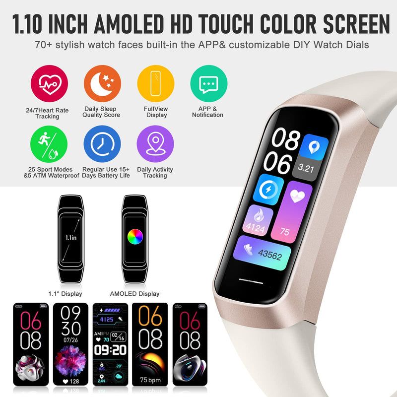Fitness Tracker, Activity Trackers with 24/7 Heart Rate, Blood Oxygen Blood Pressure Sleep Monitor, Step Counter with 1.1" AMOLED Touch Color Screen, Calorie Pedometer Health Smart Watch for Women Men cream-coloured - BeesActive Australia