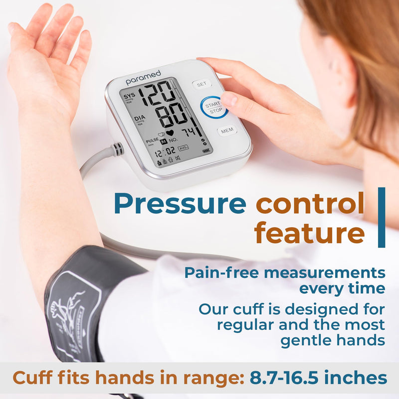Paramed Blood Pressure Monitor - Bp Machine - Automatic Upper Arm Blood Pressure Cuff 8.7-16.5 inches - Large LCD Display 120 Sets Memory - Device Bag & Batteries Included 1 Count (Pack of 1)