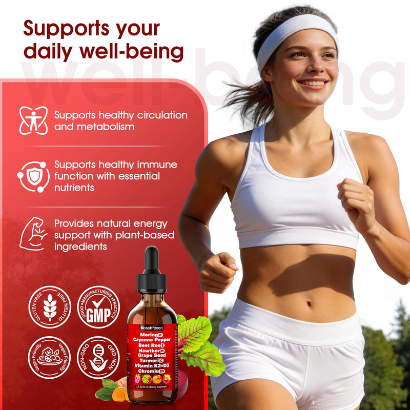 Cayenne Pepper Drops Supplement - Liquid Herbal Formula with Hawthorne Berry, Moringa, Ceylon Cinnamon, Vitamin D3, K2, Beet Root, Turmeric, Grape Seed & L-Arginine | Plant Based for Men & Women 60ML 2 Fl Oz (Pack of 1)