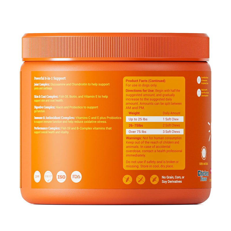 Multivitamin Treats for Dogs, Glucosamine Chondroitin Joint Support + Digestive Enzymes & Probiotics, Grain Free Dog Vitamins and Supplements for Skin & Coat, Peanut Butter - 120ct