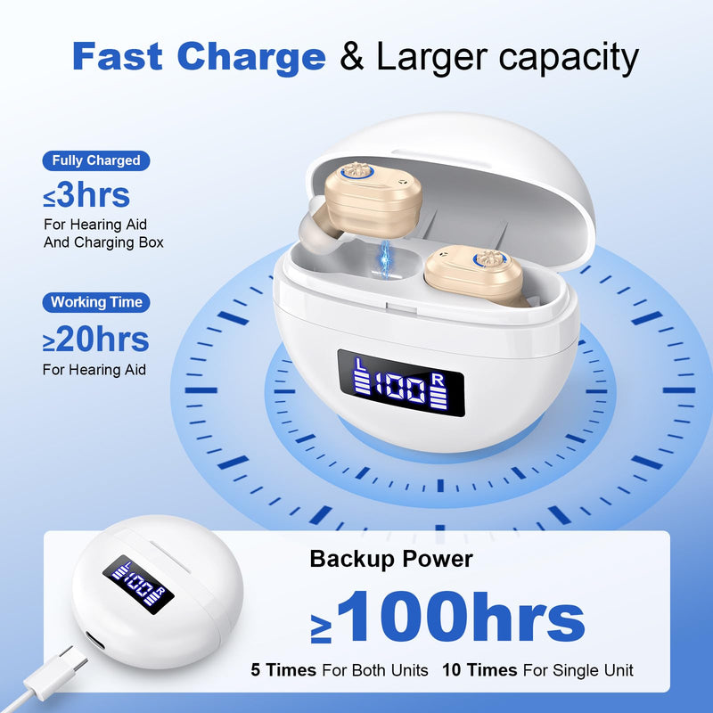 Rechargeable In-Ear hearing aids for seniors | Digital Noise Canceling | 96hr Battery with Charging Case | One-Button Easy Use | Discreet & Comfortable Fit