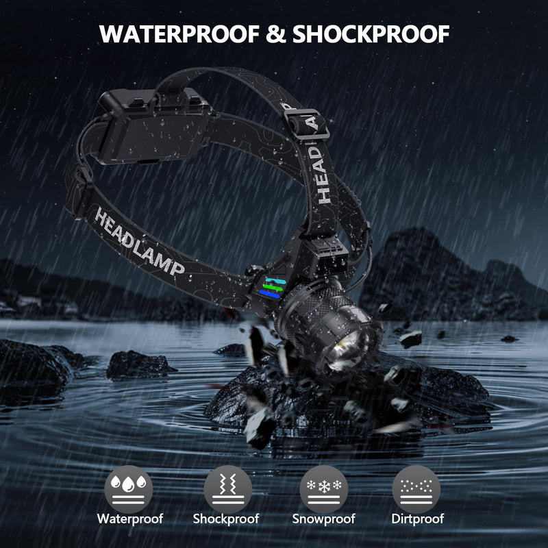 High Lumens Headlamp Rechargeable 4000 Super Bright LED Head Lamp Battery Powered,12 Modes Waterproof Headlight Zoomable Digital Display Headlamps for Hardhat Hunting Camping Hiking Fishing Blue Luminous strip