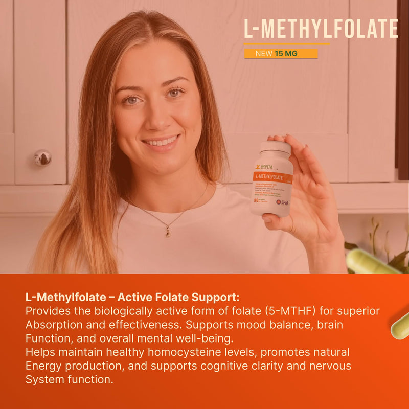 INVITA L-Methylfolate 15mg – Physician Formulated Active Methyl Folate - 5-MTHF Supplement for Energy, Mood & Brain Health Support - Non GMO, Gluten Free, 90 Capsules (3 Month Supply) 15 mg