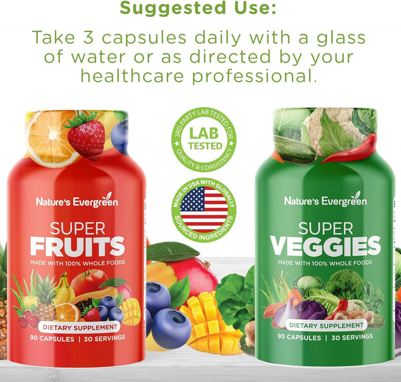 Fruits and Veggies Supplement - Nature Fruits and Vegetables Supplements - Vegan, Non GMO, Soy Free, Superfood Vitamins & Minerals Nutritional Balance - (Total 180 Capsules - Pack of 2) Made in USA 90 Count (Pack of 2)