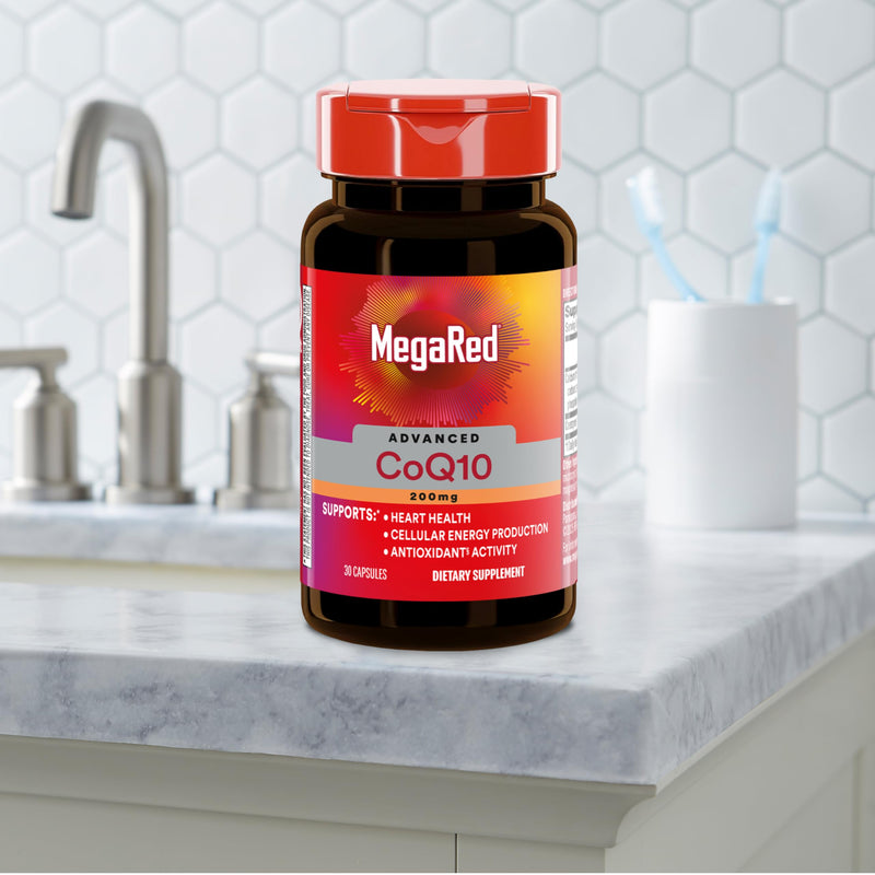 MegaRed Advanced CoQ10 200mg, Heart Health & Cellular Energy, 30ct | Power Antioxidant, Protects Against Free Radicals, No Added Color or Sugar, Fast releasing capsules, Coenzyme Q10, Calcium 30 Count (Pack of 1)