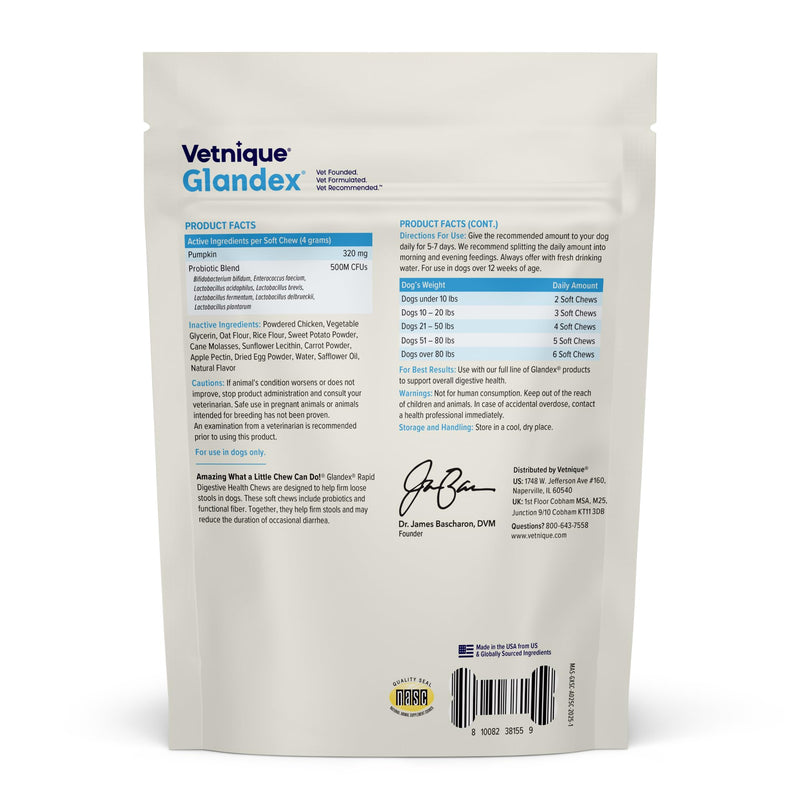 Vetnique Glandex Rapid Digestive Support for Dogs with Loose Stool | Diarrhea - Probiotics and Pumpkin for Dogs to Help Firm Dog Poop - 25 Chicken Flavored Soft Chews (25ct, Anti-Diarrhea) 25ct