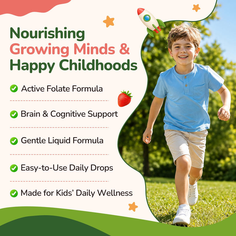 Kids Folinic Acid Drops with Active Folate, Folic Acid Alternative for Kids, Citicoline, Dual Active B12, Vitamin D3, P5P B6 & R5P B2, Brain, Learning, Focus & Mood Support, Strawberry, 2 Fl Oz