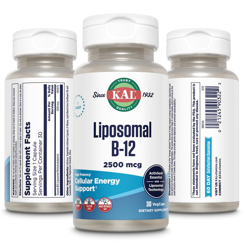 KAL Liposomal Vitamin B12 2500 mcg, High Absorption, Liposomal Technology, Cellular Energy Support, Vegan Capsules, Gluten Free, Made Without Soy, 30 Servings | Cellular Energy, Nerve & Red Blood Cell Support, Liposomal Methylcobalamin B12, 30 Servings...