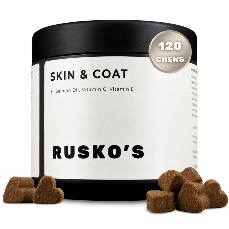 Rusko's Skin & Coat Supplement for Dogs | Soothes Itchy Skin, Restores Coat Condition & Supports Skin Barrier Health | Salmon Oil, Vitamin C & Vitamin E | 120 Soft Chews