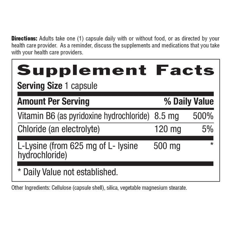 Country Life L-Lysine 500mg with Vitamin B6, 100 Vegan Capsules | Essential amino acid formula supporting collagen structure and tissue renewal in the lips and mouth 100 Count (Pack of 1)