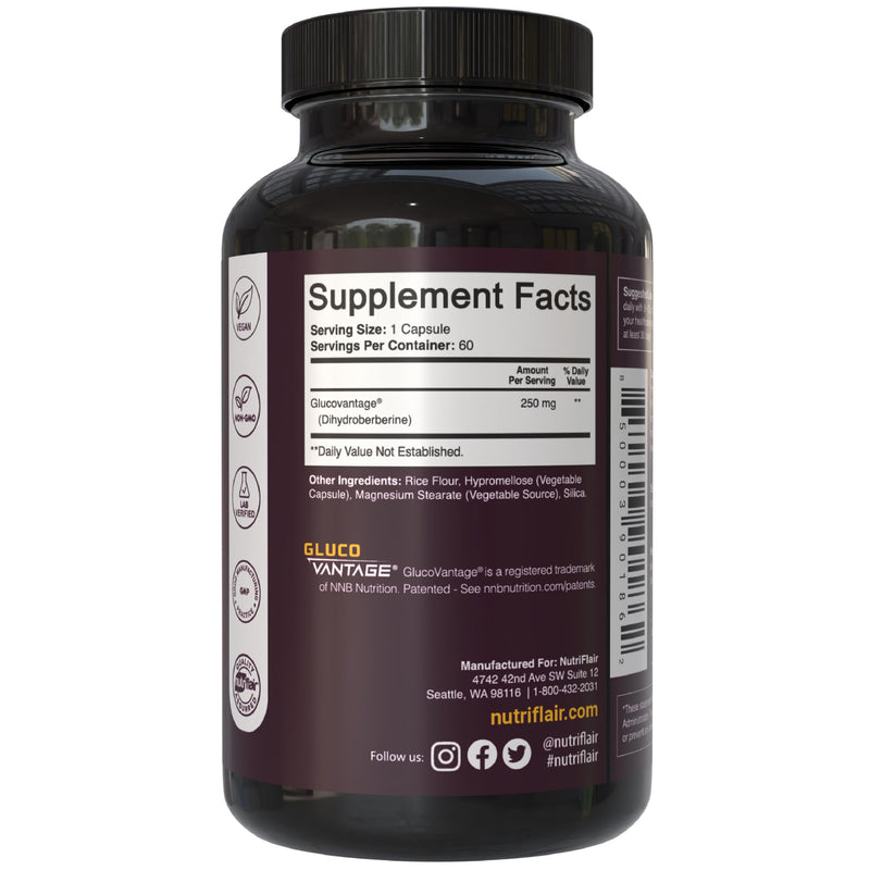 NutriFlair DihydroBerberine 250 mg (GlucoVantage®), 60 Capsules | High Bioavailability Berberine Supplement, Advanced Metabolic & Daily Wellness Support, 2-Month Supply