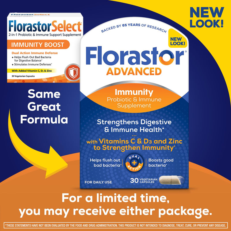 Florastor Advanced Immunity Boost Daily Probiotic & Immune Support Supplement for Women and Men, Saccharomyces Boulardii CNCM I-745 Plus Zinc, Vitamin C & D3 (30 Capsules) (Pack of 2) 30 Count (Pack of 2)