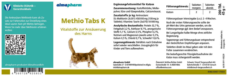 Almapharm Methio Tabs K | 200 tablets | Supplementary food for cats | Vital substances for acidifying the urine | To help with urinary tract problems | With methionine - BeesActive Australia