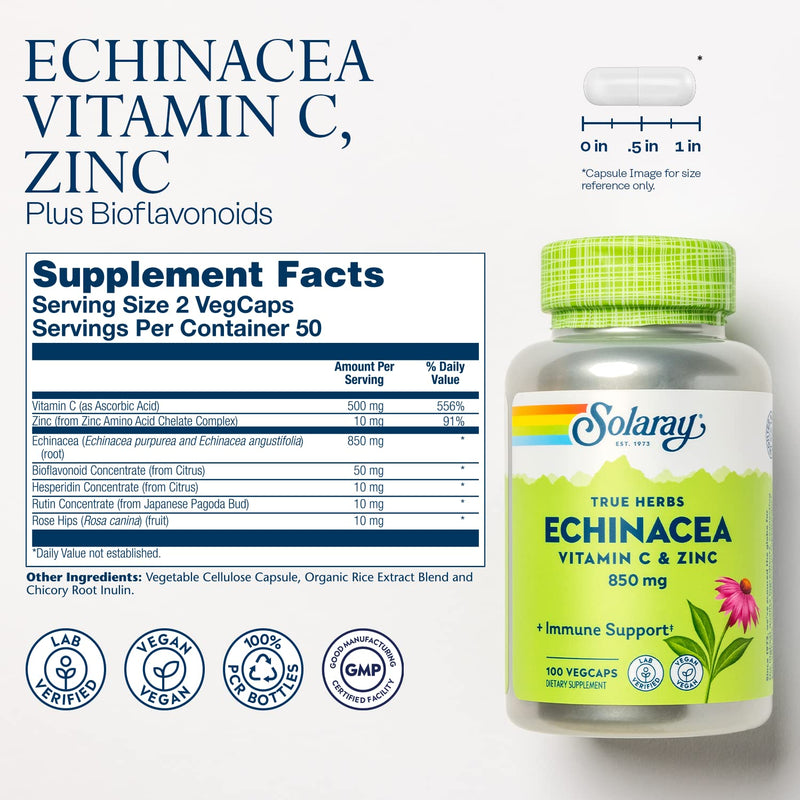 SOLARAY Echinacea Vitamin C and Zinc Wellness Formula - Immune Support Supplement - Echinacea Capsules with Vitamin C 500mg Plus Bioflavonoids, Vegan, 60-Day Guarantee, 50 Servings, 100 VegCaps 100ct